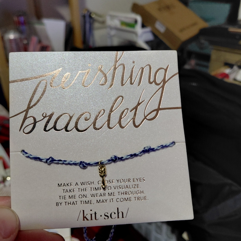 Kitsch Wishing Bracelet with Gold Arrow on Blue Cord